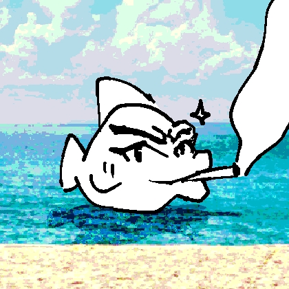 a fish smoking a ciggarette in a retro beach background